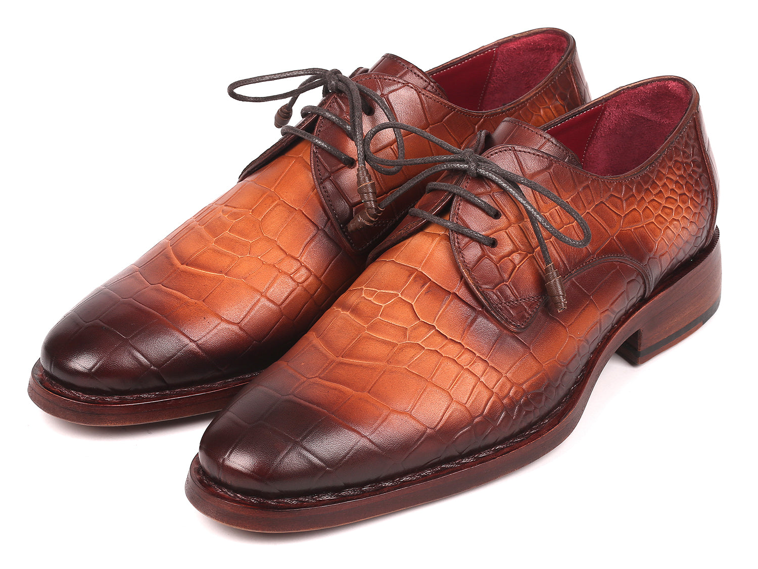 Paul Parkman Brown Crocodile Embossed Calfskin Goodyear Welted Derby shoes showcasing luxurious hand-painted finish and elegant design.